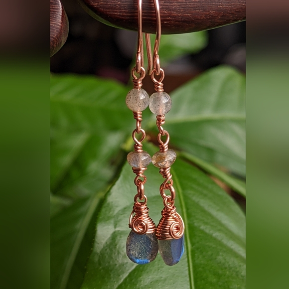 Mystical Labradorite Earrings Dainty Copper Wire Wrapped Design - Picture 9 of 12